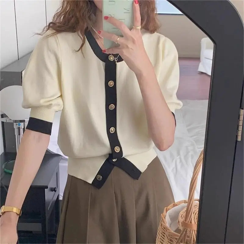 Women Vintage Short Sleeve Solid Knit Cardigan Summer Fashion All-match Black Apricot Patchwork Button Top Slim Thin Sweet Shirt