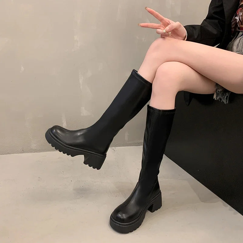 Autumn and Winter New Round Head Thick Sole Retro Heightening Mid-calf Boots with Velvet Warm and Comfortable Fashion Show Boots