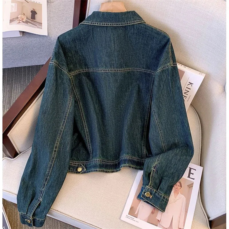 Vintage Denim Coat Women 2025 New Spring And Autumn Fashion Short Jeans Jacket Female Long Sleeve Loose Cowboy Outwear Tops T873