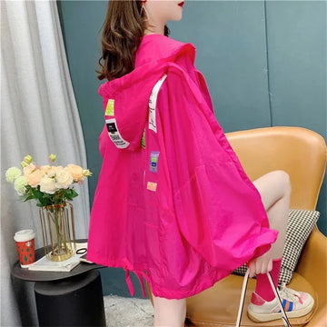 2025 New Summer Thin Jacket Women Casual Loose Zipper Windbreaker Coat Female hooded Splice print Sun Protection Clothing T130