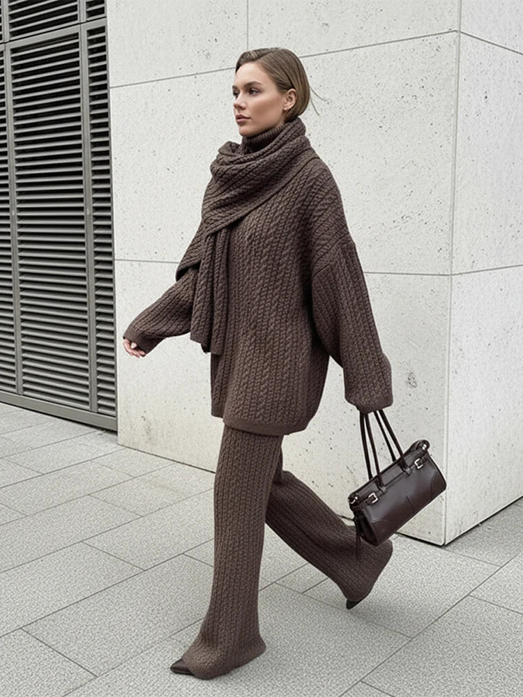 Solid Knitted Women Straight Leg Pants Suit Casual Scarf Full Sleeve High Collar Loose Sweater Set 2026 Female Commute Outfits