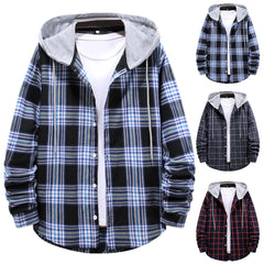 Casual Plaid Hooded Shirts Oversized Men'S Clothes European American Style Handsome Holiday Checked Outwear Splicing Hoodie