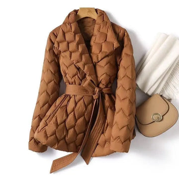 Lightweight Down Jacket With Belt Women Elegant Tie Belt Long Cotton White Duck Down Parka Female Ladies Jackets Winter Coats