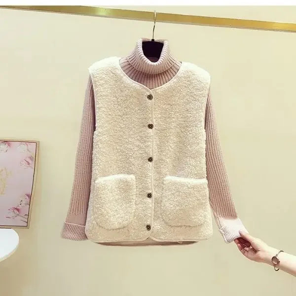 2023 Winter New Women's Slimming Sheep Velvet Vest Round Neck Single-Breasted Jacket Crew Neck Slim Fit Cardigan