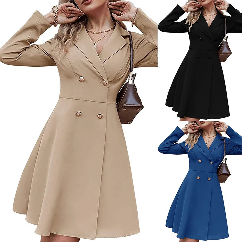 2026 Spring Autumn Women's Solid Color Double Breasted Long Sleeve Slim Fit Elegant Office Commute Versatile Slimming Long Dress