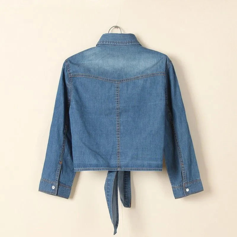 Summer New Lace-Up Tie Denim Shirt Middle Sleeve Women Chemise Femme Crop Tops Korean Fashion Short Jeans Blouse Female T1314