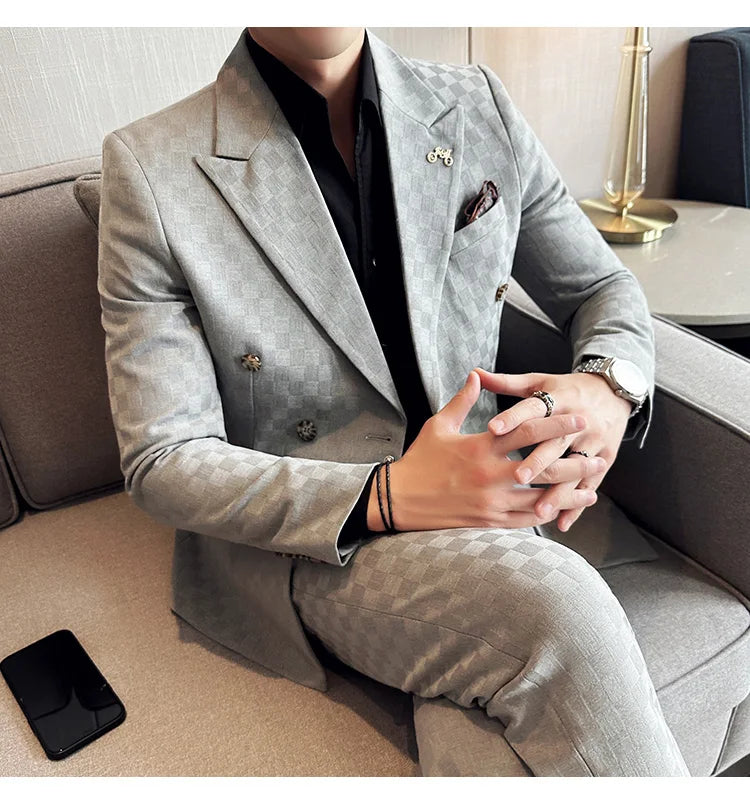 (Jacket+Pants) 2 Pieces Blue Apricot Business Party Men Suits Double Breasted Formal Style Custom Made Wedding Groom Tuxedos