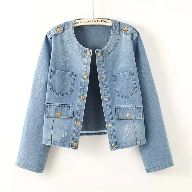 Vintage O-Neck Denim Jacket Women Spring Autumn 2025 New Casual Short Jeans Coat Female Single-Breasted Loose Outerwear T1242