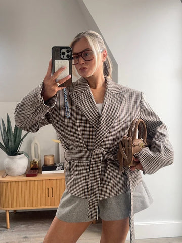 Checked Lapel Jacket Shorts Set Women Fashion Long Sleeve Buttons Belt Pocket Loose Blazer Suit Lady 2025 Office Commute Outfit