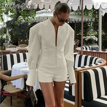 TWOTWINSTYLE Charming Fashion Two Piece Set for Women V Neck Long Sleeve Tunic Blouse Slimming Shorts Autumn Commut Suit Female