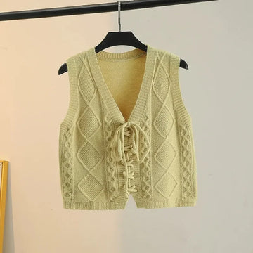 2025 New Autumn Lace-Up Knitted Vest Waistcoat Female Fashion V-Neck Sleeveless Jacket Short Sweater Clothing Women Tops T1118