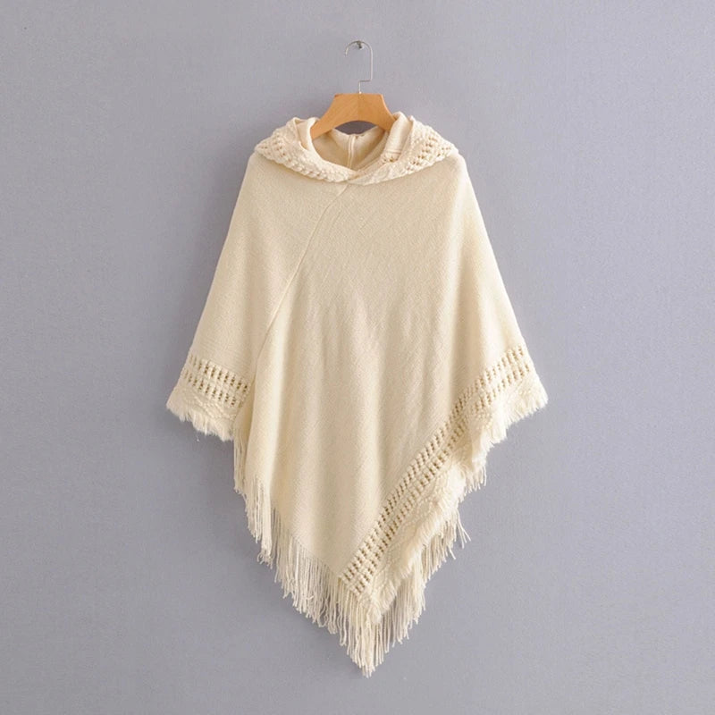 Women Winter Knit Hooded Poncho Crochet Fringed Tassel Shawl Wrap Sweater L21E