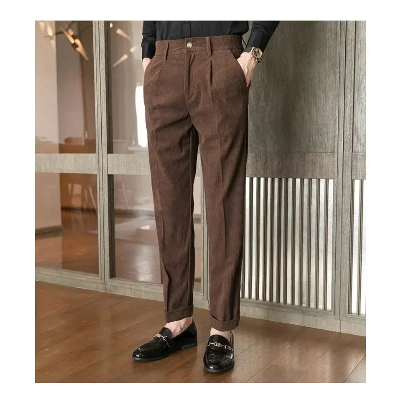 British Style Men High Waist Casual Dress Pant Men Belt Design Slim Trousers Formal Office Social Wedding Party Dress Suit Pants