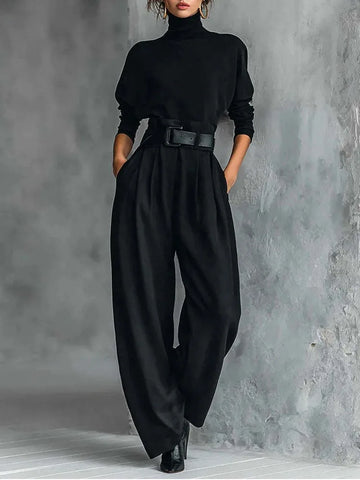 Casual Pocket Straight Suit Autumn Women's High Neck Long Sleeved Top and Pants Set Simple Solid Color High Waist Office Outfit