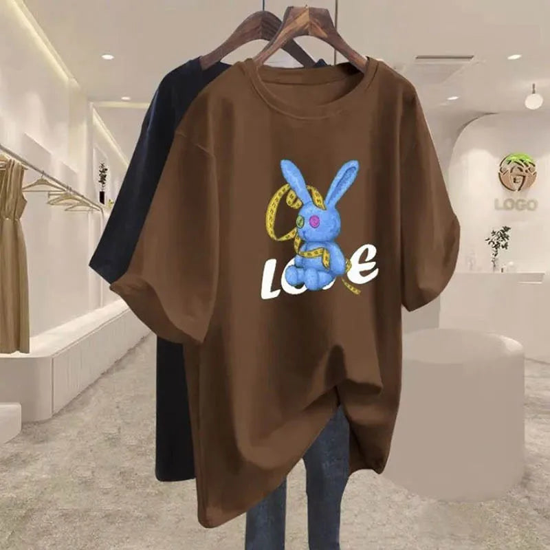 Women's Clothing Chic Cartoon Print Basic T-shirts Summer Casual Loose Cotton Short Sleeve Top Tee Office Lady Elegant Pullovers