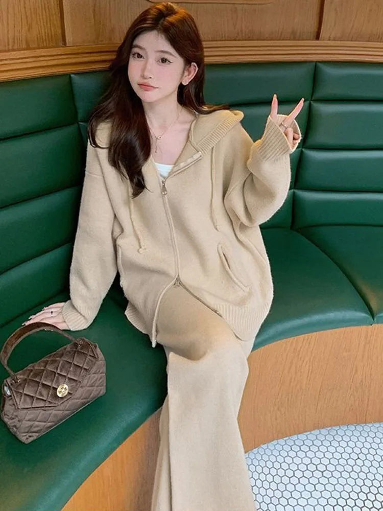 Hooded Zipper Sweater Conjuntos Women's Casual Baggy Wide Leg Pants Knitted 2 Piece Set, Fashion Straight Knitwear Ensemble