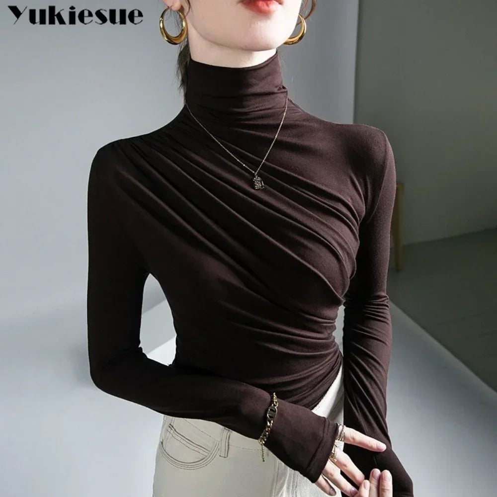 Pleated Stretch T-shirt New Spring Autumn Turtleneck Bottoming Pullover Women's Casual Elegant Basic Top Shirts Harajuku Gothic