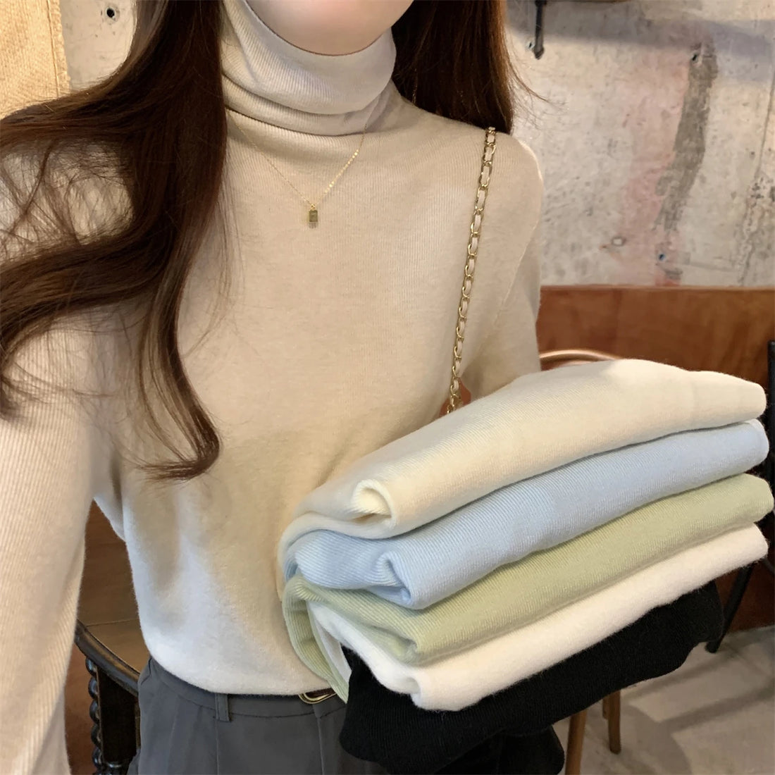 Autumn Winter Soft Warm Knitted Pullover Women Turtleneck Sweater Solid Color Long Sleeve Jumper Simple Loose Base Layer Top