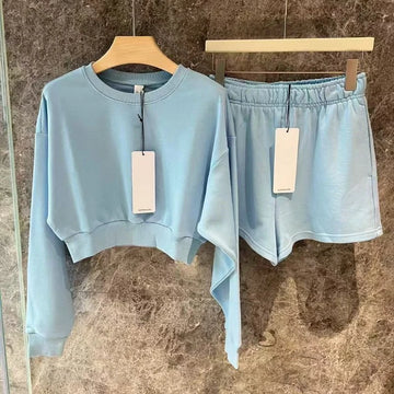 2025 New Women's Round Neck Short Hoodie Paired with Elastic Waist Shorts Sports Two-piece Set