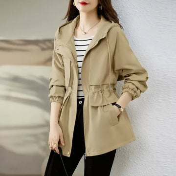 Fashion Hooded Trench Coat Women 2025 Autumn New Long Sleeve Zipper Casual Windbreaker Tops Female Slim Outerwear Overcoat T842