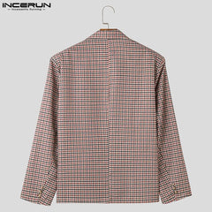 INCERUN Tops 2024 Korean Style Handsome New Men's Plaid Shoulder Padded Suit Coats Fashion Male Loose Long Sleeved Blazer S-5XL