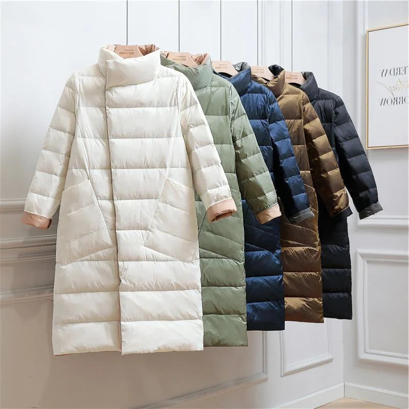 Two-Sided 2025 Autumn Winter Women Warm Down Coat Light Thin White Duck Down Jacket Ladies Long Oversize Puffer Parkas Outwears