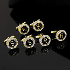 2 Pcs Crystal Around Initial A-Z Cufflinks Alphabet Letter Rhinestone Round Cuff Links For Business Mens Boys Tuxedo Shirts Gift