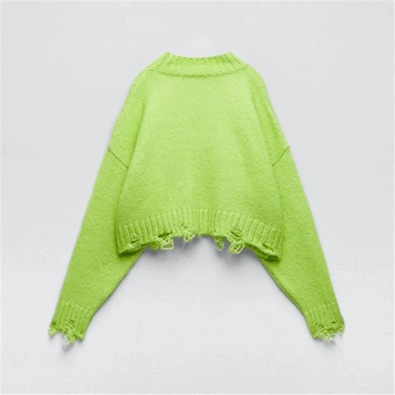 Women Fashion Stand Collar Solid Color Broken Hole Design Short Sweater Female Green Long Sleeve Pullovers Chic Tops
