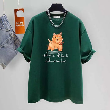 Women's Clothing Cute and Playful Little Dog Print Top Summer Casual Loose Pure Cotton T-shirt Lady Oversized Pullovers 35-105Kg
