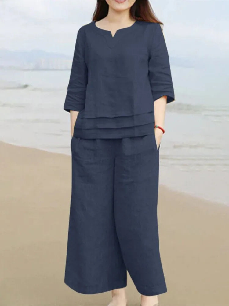 Cotton Linen Pants Set For Women's Spring Summer New Styles Casual Loose Solid Color Middle Cuff Pocket Pants Two-piece Set