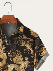 Men's Summer Fashion Dragon Print Short Sleeve Button Down Shirt S-3XL Plus Size Chinese Dragon Style Streetwear Overshirt Tops