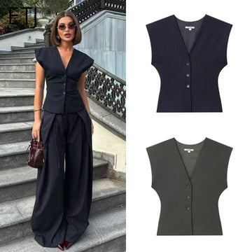 The new ETJ 2025 women's collection features a stylish and versatile sleeveless striped V-neck short vest and casual trousers