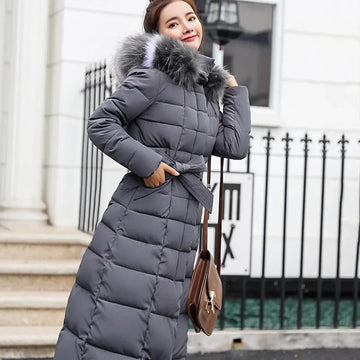 Fashion Warm Long Coat Parka Puffer Solid Color Hooded Down Snow Outwear Long Sleeve Winter Clothes Women Fur Quilted Jackets