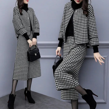 Women Pants Sets Coat Calf Length Trousers 2 Piece Suit Plaid Print Outfits Autumn Winter Ensemble Single Breasted Office Lady