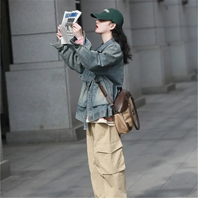 Vintage Denim Coat Women Autumn New Tooling Lapel Tops Casual Jeans Jacket Fashion Long Sleeve Loose Cowboy Outwear Female T895