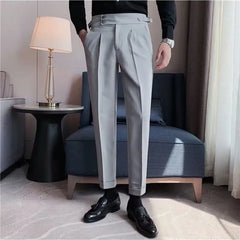 Men's Luxury Draped Baggy Suit Pants Casual Button-down Solid Color Straight Premium Elegant Dress Pants 2024