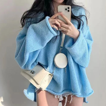 ITOOLIN Women Casual Loose Warm Sweater V-Neck Long Sleeve Split Irregular Jumpers Knit Pullovers Solid Sweater Women