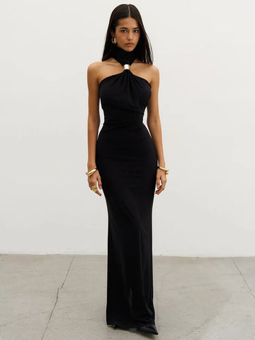 Balitops Gold Ring Turtleneck Maxi Tank Dress Women Summer New Slim Fit Female Dress Sleeveless Back Split Bodycon Long Dress