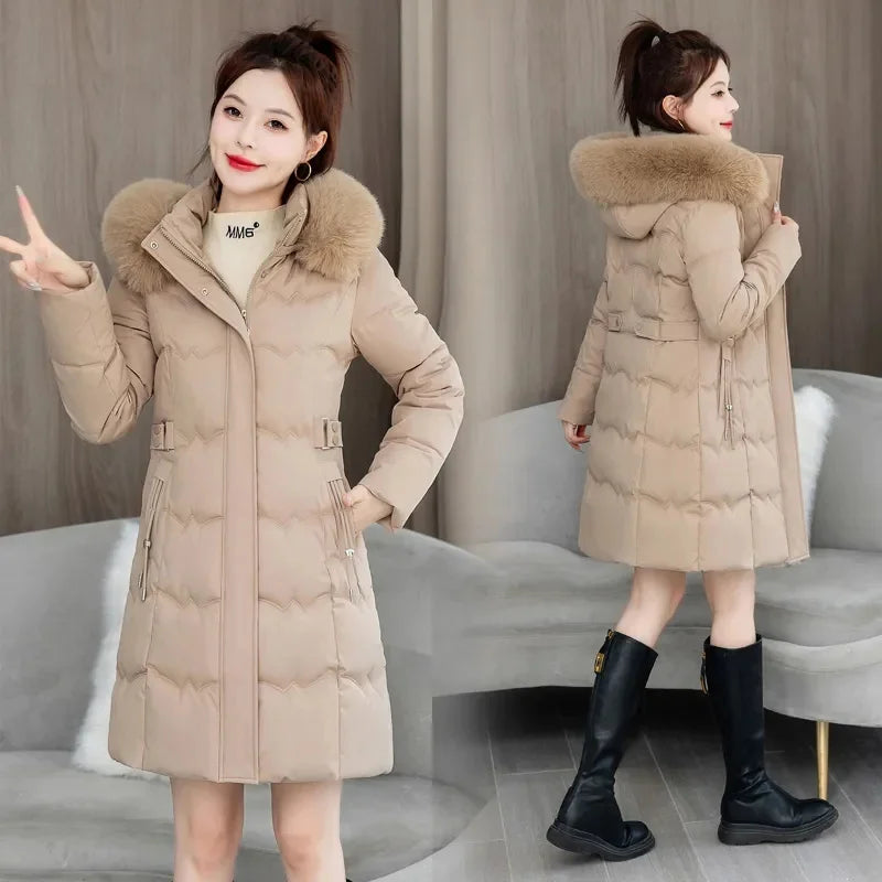 Winter Parkas Women Down Cotton Jacket big fur collar hooded New fashion Mid-Length Thick Padded Coat Female slim overcoat T544