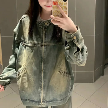 2025 Spring Autumn New Denim Jacket Women Tops Korean Loose Vintage Fashion O-Neck Students Jeans Coat Female Streetwear T1170