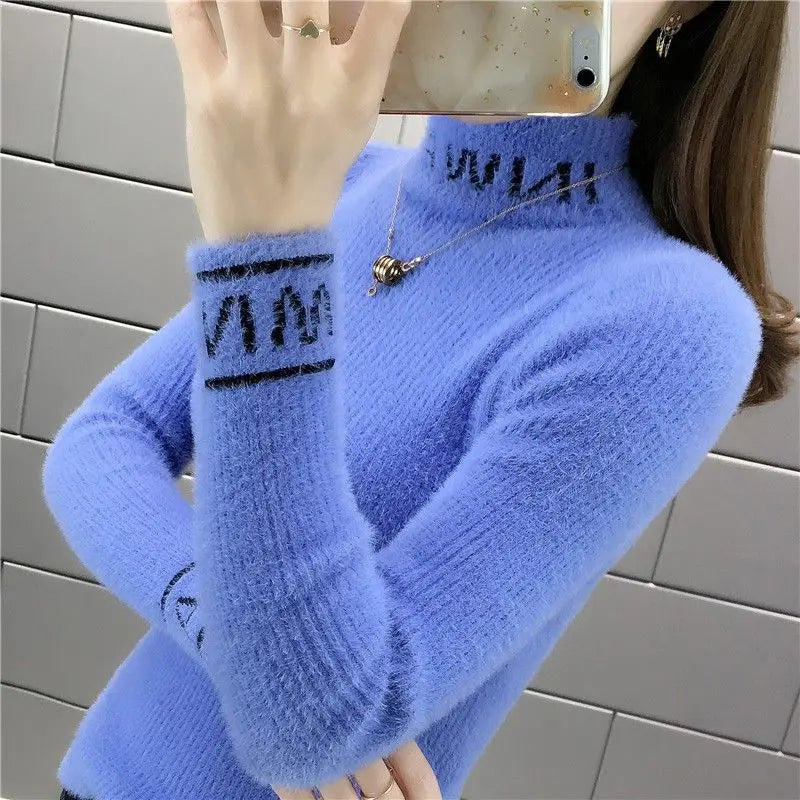 Autumn Winter Fashion Letter Spliced Solid Color Sweaters Women's Clothing All-match Slim Turtleneck Knitted Pullovers Female