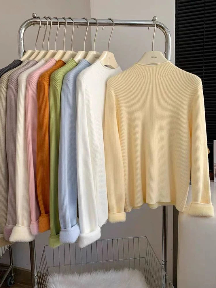 New Autumn Winter Warm Fleece Femme Stand Collar Sweaters Long Sleeve Slim Oversize Women's High Elastic Knit Basic Tops