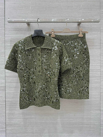Luxury green sequin embroidered lapel short sleeved single breasted shirt and skirt two-piece set for women's new clothing