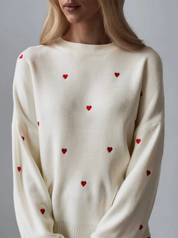 Women's Cream Red Heart Embroidered Oversized Knit Sweater Crew Neck Long Sleeve Casual Pullover Fashion Comfortable Top