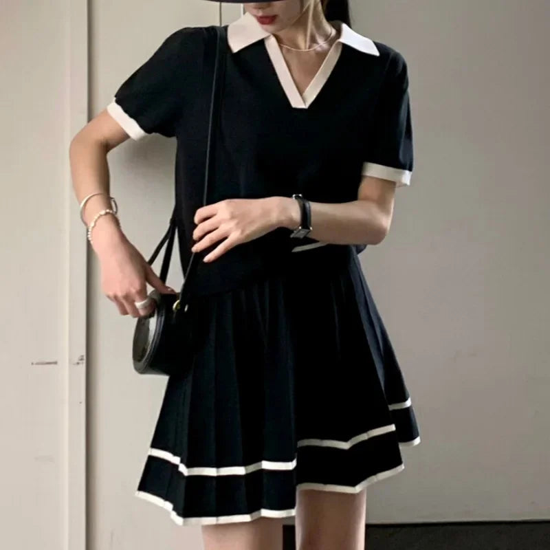 REALEFT 2025 New Summer 2 pieces Women's Sets Polo Collar Short Sleeve Tops and Pleated Sexy Mini Skirts Outfits Suit for Female