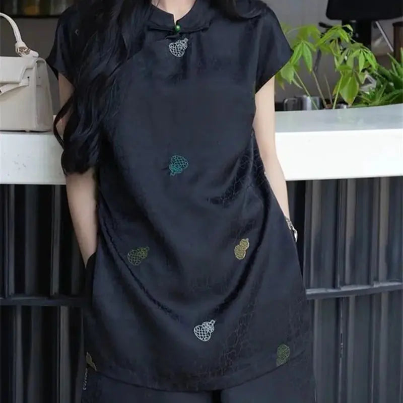 BESTBAFU Chinese Style Print Suit Women Black Stand Collar Frog Shirt+Shorts Office Lady Stain Outfits 2-Piece Set 612P