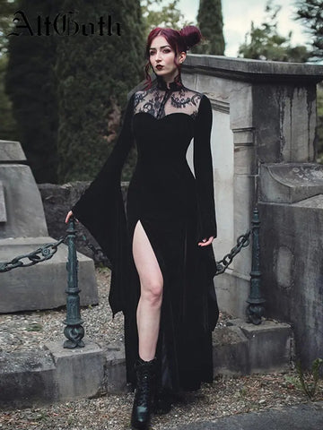 AltGoth Halloween Gothic Velvet Dress Women Vintage Lace Patchwork Flare Sleeve Long Dress Vintage Witch Dark Goth Party Dress