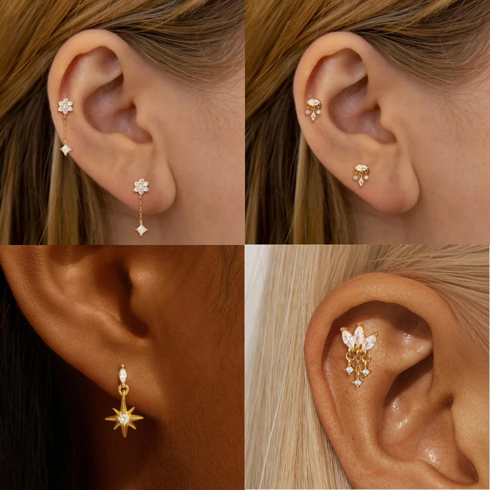 CANNER 1Pc 925 Silver Smooth Stars Moon Stud Earrings For Women 18K Gold Flat Head Threaded Puncture Ear Bone Ins Fine Jewelry