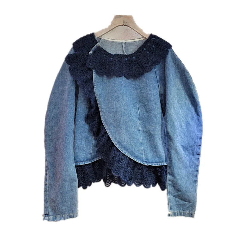 2025 Spring New Short Denim Jacket Women Fashion Lace Splicing O-Neck Puffed Sleeves Jeans Coat Female Loose Outwear Tide T1176