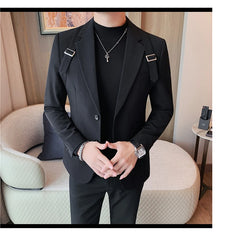 2024 Autumn Winter New Strap Decoration Suit Jacket for Men Fashion Slim Casual Business Blazers Groom Wedding Social Tailcoat